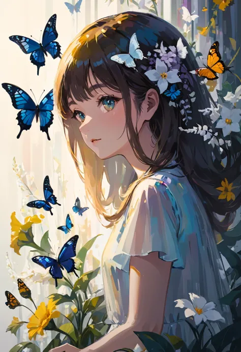 conceptual installation fine art, mysterious girl attracts flowers and butterflies, art image effects, delicate and dynamic textures, contrasts of light and shadow, BREAK ultra detailed, absolutely resolution, best quality