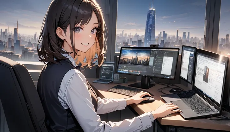  office workers working on computers,Portraiture,Professional,Wearing a smart suit,Type on a slim laptop,Use a wireless mouse,Sit at a modern desk, Laugh Confidently ,City skyline in the background ,Soft natural light, high definition , high definition , v...