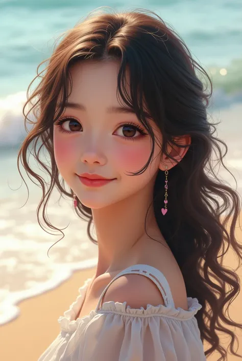 (RAW photo:1.2), (photorealistic:1.4),(masterpiece:1.3),(best quality:1.4),ultra high res,HDR,8k, (extreme detailed illustration), 1 girl, detailed beautiful face, young girl, long curl hair,smile,solo, look at viewer,clear background, on the beach, depth ...