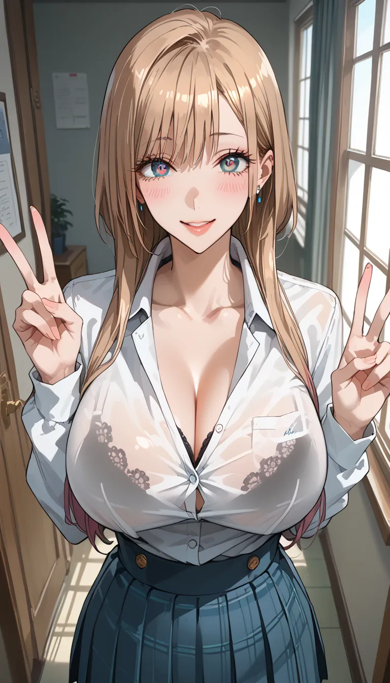 score_9, score_8_up, score_7_up, source_anime,masterpiece,best quality,beautiful detailed eyes, beautiful detailed lips, extremely detailed eyes and face, long breasts, 1 woman, Smile, school uniform, black bra ,large sagging breasts, shockingly large breasts, large breasts, tight waist, stylish body, room, ecstatic expression, flushed face, peace sign , shooting from above