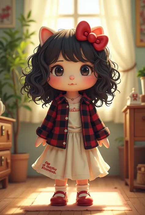 Make a Hello Kitty  ,  but with curly and dark hair ,  a white skirt and a black flannel