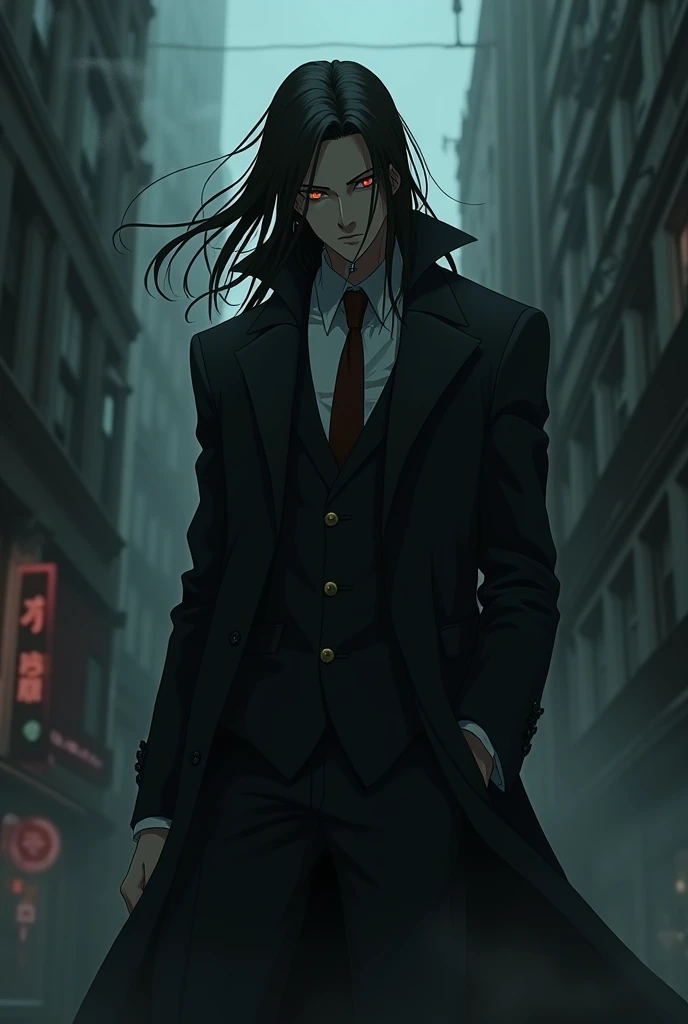 Anime Gangster  with blood in dark,wearing long coat,smoking cigarette,with long hair,gentleman