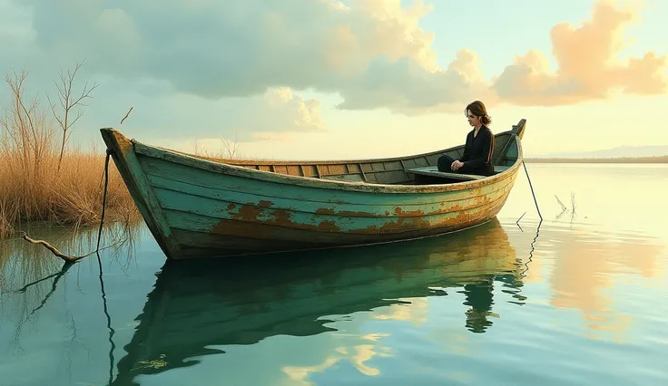  The image shows a worn and abandoned wooden boat over shallow waters,  with reflections of the sky and the boat on the surface of the water .  The boat looks aged ,  with peeling paint and shades of green , brown and blue, which highlights its deteriorati...