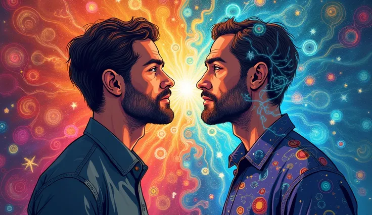 two images of the same man one with a colorful background and the other with, aura effect, enlightenment tripping on dmt, astral appearance, colorful aura, power auras, while tripping on dmt, dmt ego death, bursting with positive energy, dmt colors, psyche...