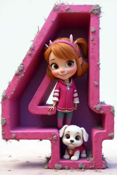 Generate the image of number 4 with reference to the character Skye from Paw Patrol, a girl in fuchsia pink, degraded inside number four, contains traces of a white puppy 