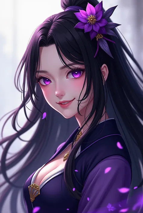 1girl,, Long Hair, Smile, Hair Flower, black hair.,purple eye raiden shogun hot sexy pfp