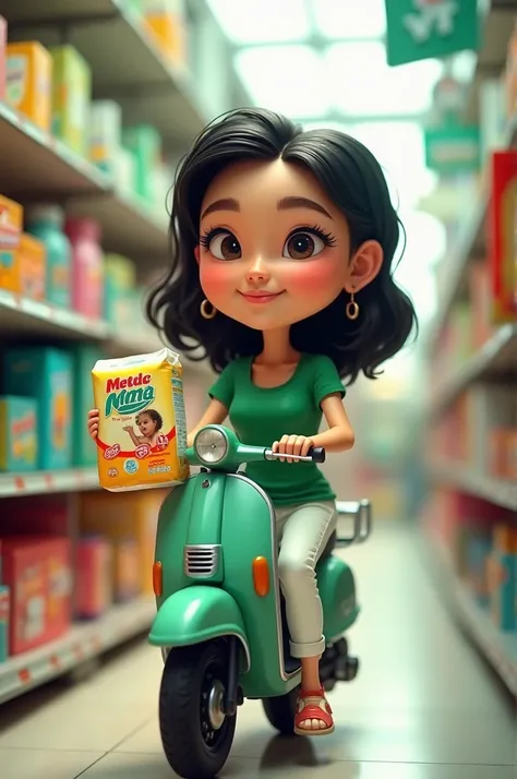 4D caricature of Indonesian woman holding fitti mamypoko , riding a metic scooter wearing a green shirt and white pants in a retail store