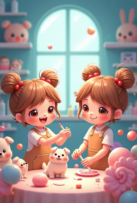 cinnamonroll, Cute girls in a factory are helping to produce dolls, dolls, candy, puppy, blue sky tone