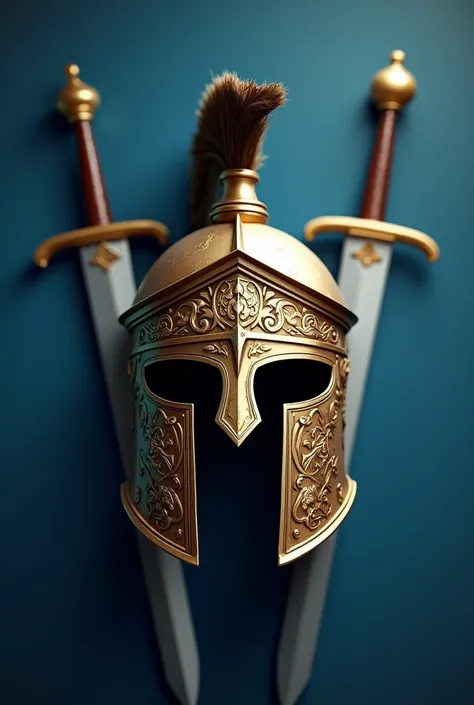 Create an image with a gladiator helmet and two swords in the back against the blue background 