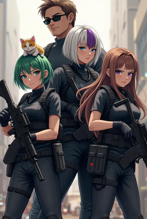 Equipo de 3 women and 1 man con armas de guerra. A woman with short hair half green and the other half purple ,  another woman with totally white hair and with delicate makeup ,  the other girl with long brown hair with a kitten on her head,  a man with br...