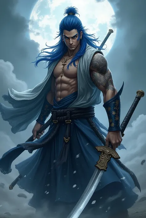 Draw the god Susanoo with his blue hair, his mythical sword and his tattoo on his right arm and his Zamurai clothes. 