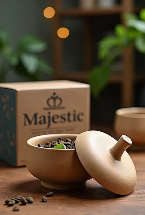 I want a bowl with a lid and that bowl is for putting tea  ,  new packaging the bowl must be made of brown kraft, And 8 ounces and the packaging has to say majestic  