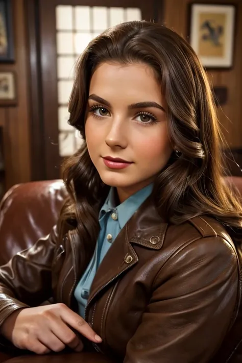 Medium view, of 24 year old, face portrait, jewish features, long hair, brown hair, 1940s hair style, 1940s blouse, leather jacket, in cozy 1940s home.