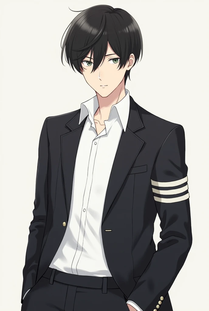 Shinichi Sakurai wearing a white shirt and a black jacket with two white stripes on each sleeve of his hand 