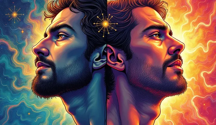 two images of the same man one with a colorful background and the other with, aura effect, enlightenment tripping on dmt, astral appearance, colorful aura, power auras, while tripping on dmt, dmt ego death, bursting with positive energy, dmt colors, psyche...