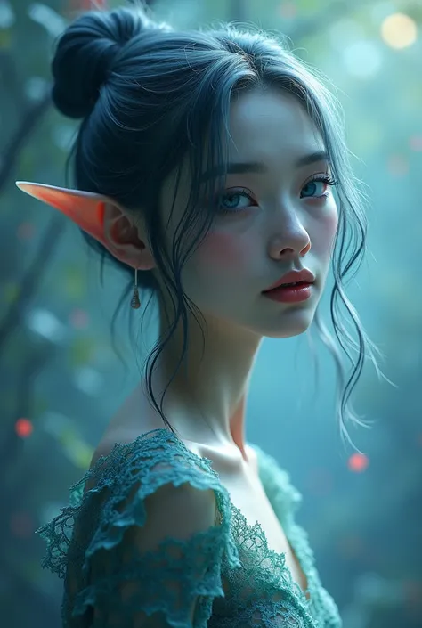 a young woman with bluish-gray skin,blue eyes,dark silver hair,small pointed ears,hair tied in a bun,full body view,long shot,medium length hair,realistic,photorealistic,ultra-detailed,vivid colors,masterpiece,concept art,fantasy,ethereal,cinematic lightin...