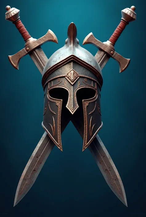 Create an image with a gladiator helmet and two swords crossed back against the blue background 