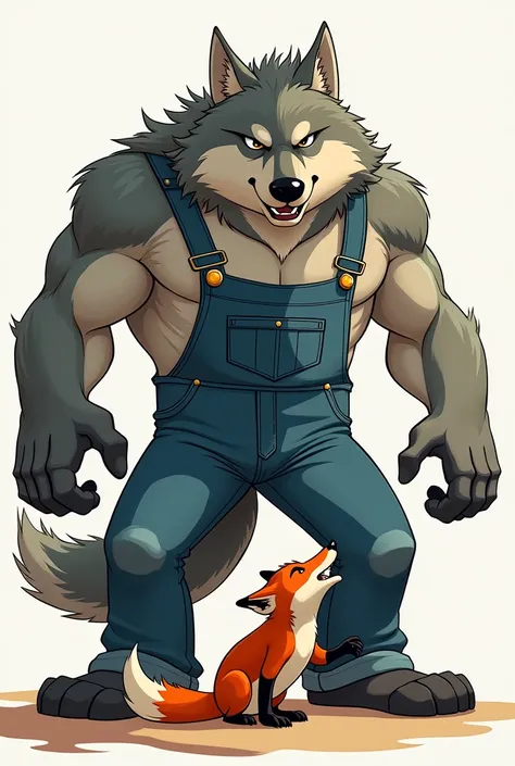 Giant toon anthropomorphic wolf is wearing a pair of blue jean overalls. Giant Toon anthropomorphic wolf stomps on tiny anthropomorphic fox with his foot, pinning the anthropomorphic fox into the ground . 