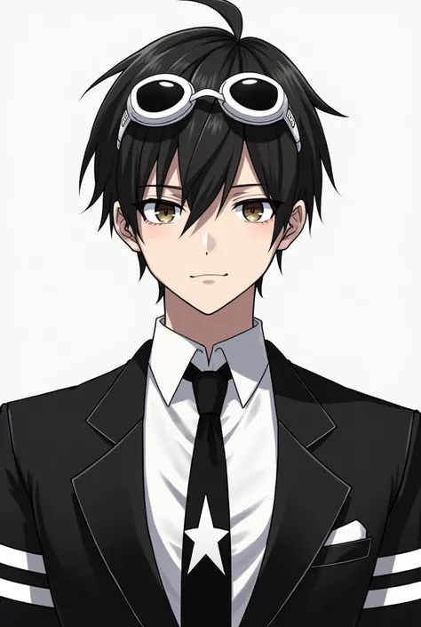 Shinichi Sakurai wearing a white shirt and a black jacket with two white stripes on each sleeve of the hand with a black tie with a white star in the middle and white swimming goggles with black visors hanging around the collar