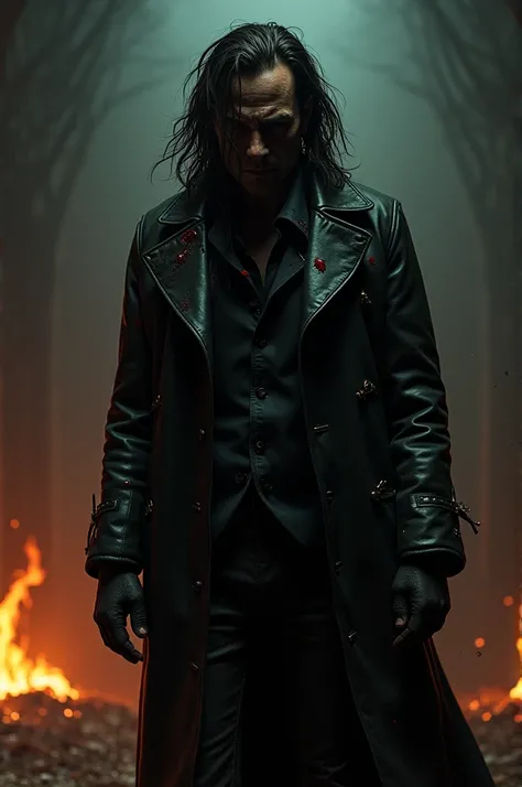 Disney gangster with blood,wearing long coat,long hair,in dark with fire