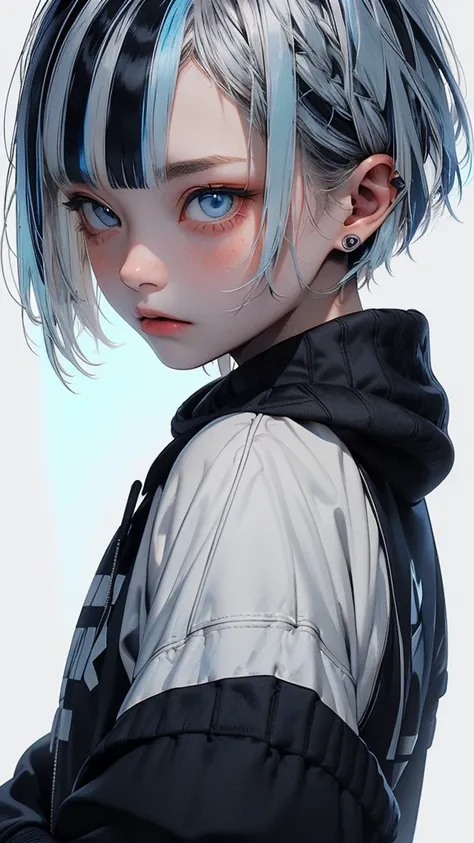   movie poster with young woman as protagonist、 (Silver_hair, blue_hair,two-tone_hair:1.4)、( short bob hair:1.2)、(light blue clear eyes 1 .3)Glare、 Her face has a fixed expression  , black monochromatic cotton hoodie 、Cotton texture、( white simple backgrou...