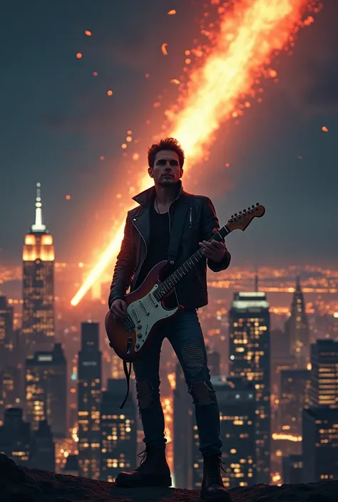  A meteorite that is going to hit New York at night, While a rock guitarist is standing in front 