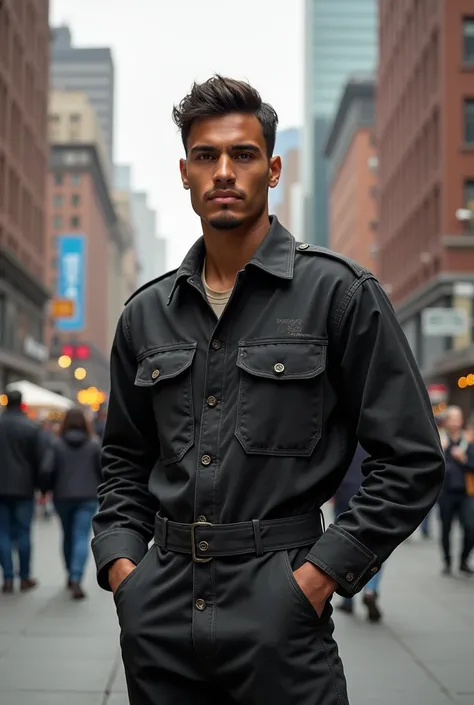 Handsome handsome young brown man wearing a small black construction jumpsuit, on the street 