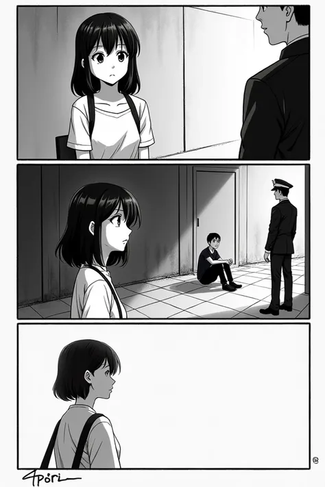 It generates three black and white comic images in anime , in the first image where a girl is sitting in the police station being questioned by an officer, in the second the girl sitting outside the police station next to a boy , in the third the girl alon...