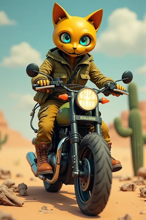  Draw a character :   myclo  

* myclo :  yellow cat robot with cute skull face.   His eyes are blazing blue .
* The shirt worn was an Army cargo jacket 
*  whose pants worn are Army cargo pants .
* shoes worn are brown timberland boots
* Sitting on top of...