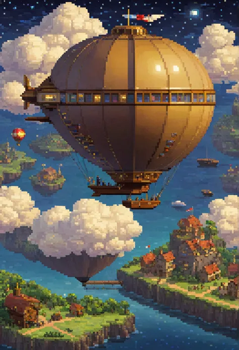 pixel art, 1 airship fantasy, night, clouds, stars, (sky), 1 balloon, top down view