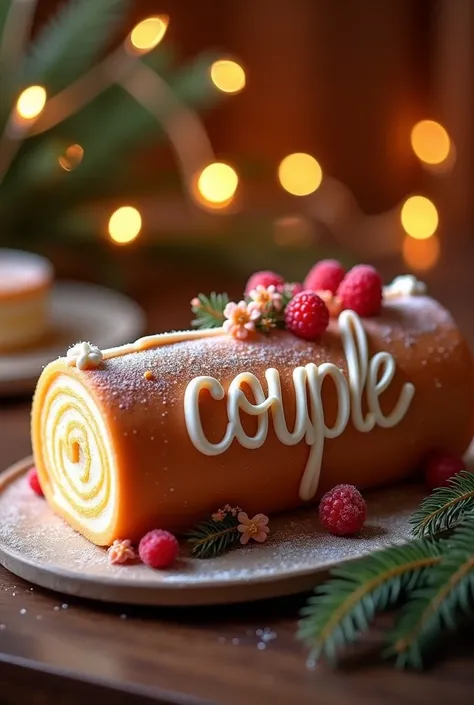 Une jolie buche de Noël avec le nom "Couple" inscrit dessus
