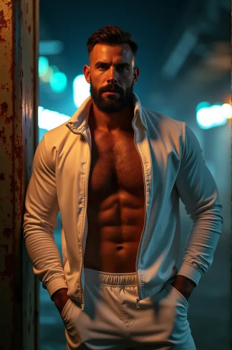 photo of muscular bearded (man) in a worn ((skin-revealing skimpy erotic white tracksuit, massive hairy pecs)), big pecs, big arms, large bulge, ((light bokeh)), intricate, (steel metal [rust]), elegant, erotic, exuding sexual energy, homoerotic, sharp foc...