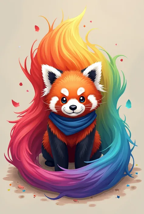 A red panda with very long rainbow super Saiyan hair and a rainbow scarf 