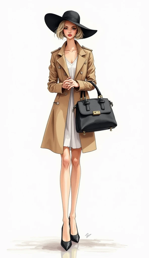 "Create a watercolor croquis illustration featuring a tall, slim fashion model with short hair, small eyes, and a petite mouth. The model is confidently posing while holding a chic, stylish handbag and wearing a wide-brimmed hat. The overall style should r...