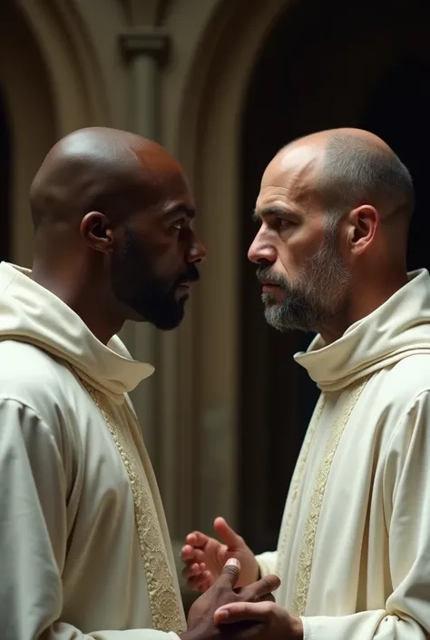 There are two people arguing, (((Laurence Fishburne))), (((Hugh Laurie))) , (((dressed in biblical clothing))), Black bald man, Dressed in white, Arguing with Hugh Laurie, evil looking, (Hugh Laurie in white biblical clothing), (Hugh Laurie and Laurence Fi...