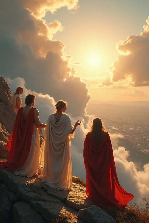 "A grand scene of gods looking down from Mount Olympus, with Zeus, Hera, Athena, and other gods watching the battle below, dressed in flowing divine robes, Mount Olympus setting with clouds and ethereal light, action of gods gesturing and discussing the ev...