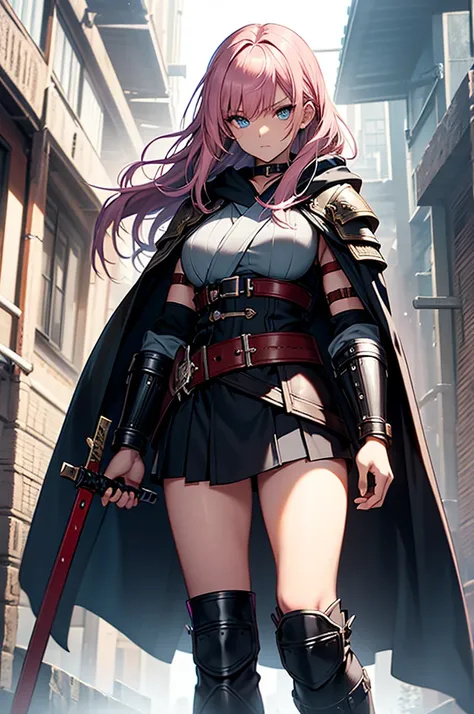 female warrior, athletic, fit, toned, moderately muscular, defined abs, warrior body, beautiful, tall, medium-small breasts, perfect breasts, long hair, pink hair, bangs, blue eyes, warrior kimono, short kimono, leather choker, shoulder guards, biceps band...