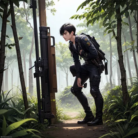 masterpiece,  best quality,  1 boy whos still going, male focus, Alone,  solo focus,  black hair, Aquamarine Eyes, Personification, monkey, monkey-human mutant hybrid, mercenary, ( Is an assault rifle  ), Crouching posture,  jungle background , War Zone, S...