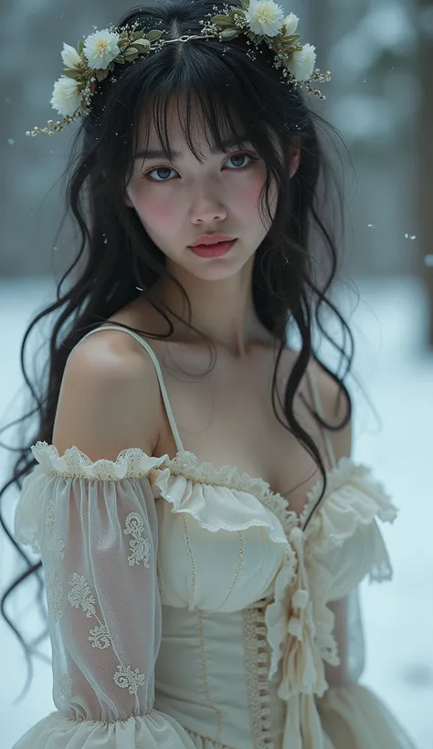 （8K， RAW photos， best qualtiy， tmasterpiece：1.2），（realisticlying， photograph realistic：1.4)，Hide your face with sadness， Lolita costume，Lace， Aerith Gainsborough， The upper part of the body，upper legs， undergarments，exposed bare shoulders， do lado de fora，...