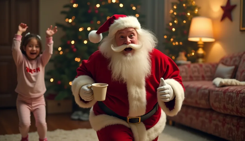 a famous meme where a little frightened girl runs away with a funny expression on her face, only instead of a girl there is a frightened (running Santa Claus:2) stealing a mug of delicious coffee. and a  in pajamas in the background crying.(on the photo two characters:2) - (running Santa Claus:2) and a crying girl with her hands up in the air.a shot from a cozy Christmas big-budget movie