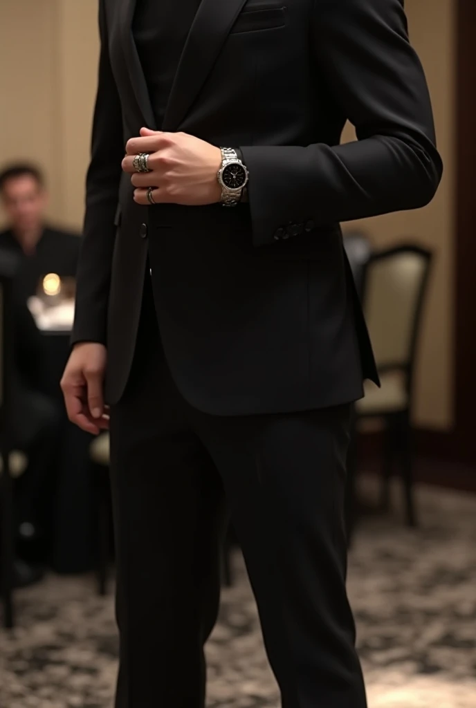 * Jungkook arrived at the business dinner .  He wore the usual dark suit ,  the $15 million watch on his right arm , rings on both thumbs ,  the black ankle boots of the best brand ,  the sleeves of his dark black shirt wrapped around his forearms and the ...