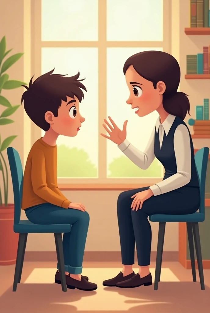  Create a vector illustration of an adult female teacher sitting face to face with a junior high school boy student, they are doing counseling in the school room , make pictures with catchy tones and as attractive as possible to display 