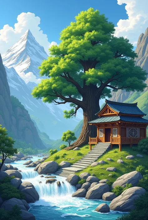 Big thik alpine tree and small wooden temple with carving on wood and  wooden railing andwhite water river and rocks and mountain  