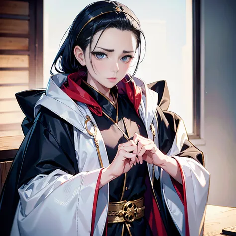 anime style,anime face,woman,hair accessories,sideburns,slicked back hair,forehead,hair over one eye,slicked back hair,(fortune teller),hood,(robe),droopy eyes,masterpiece,best quality,white hair,sharp face, 細い頬,desk,(cowboy_shot),