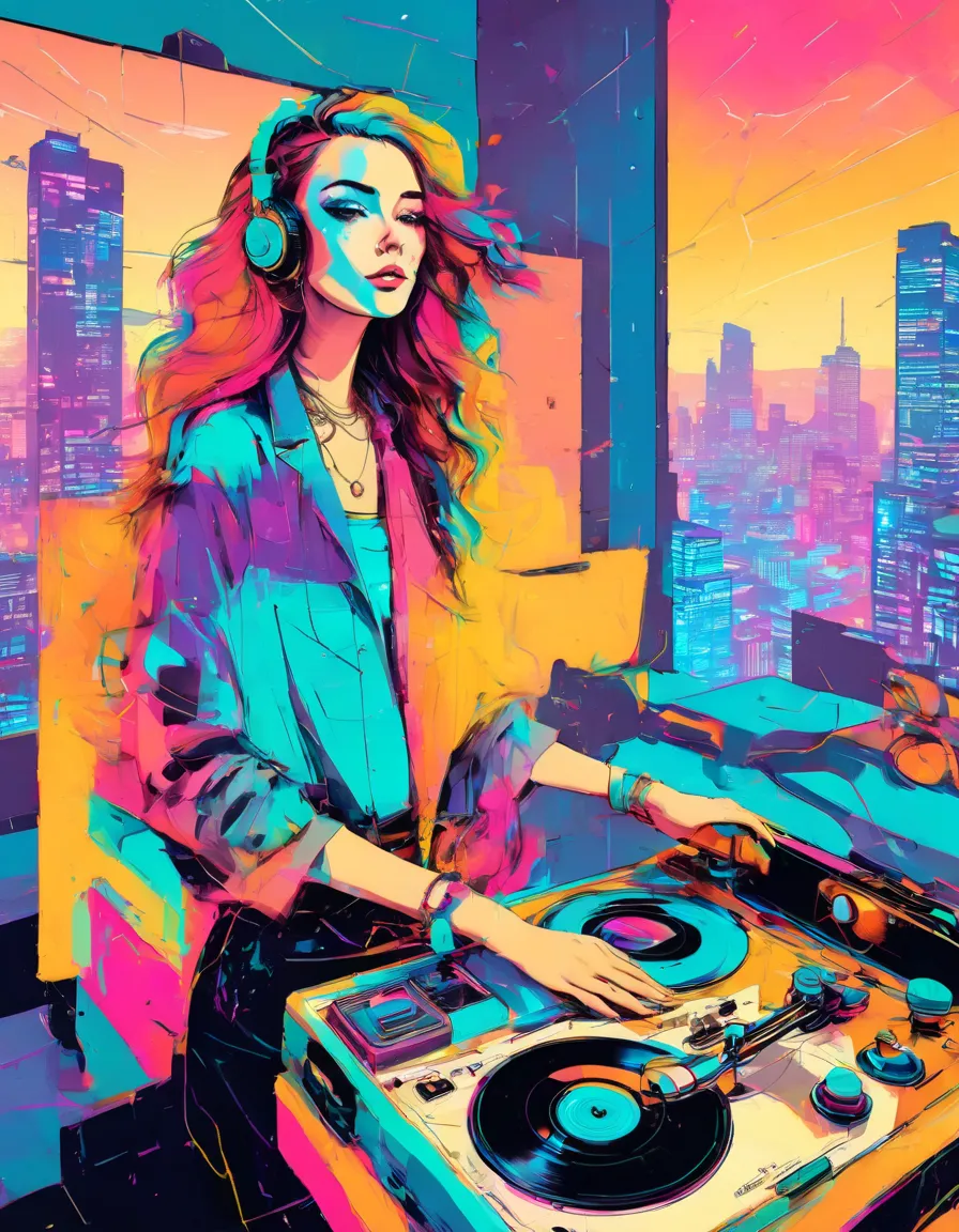 graphic design, avant-garde pop art. stylish retro illustration of a record player in a room with a city view, emotional illustr...