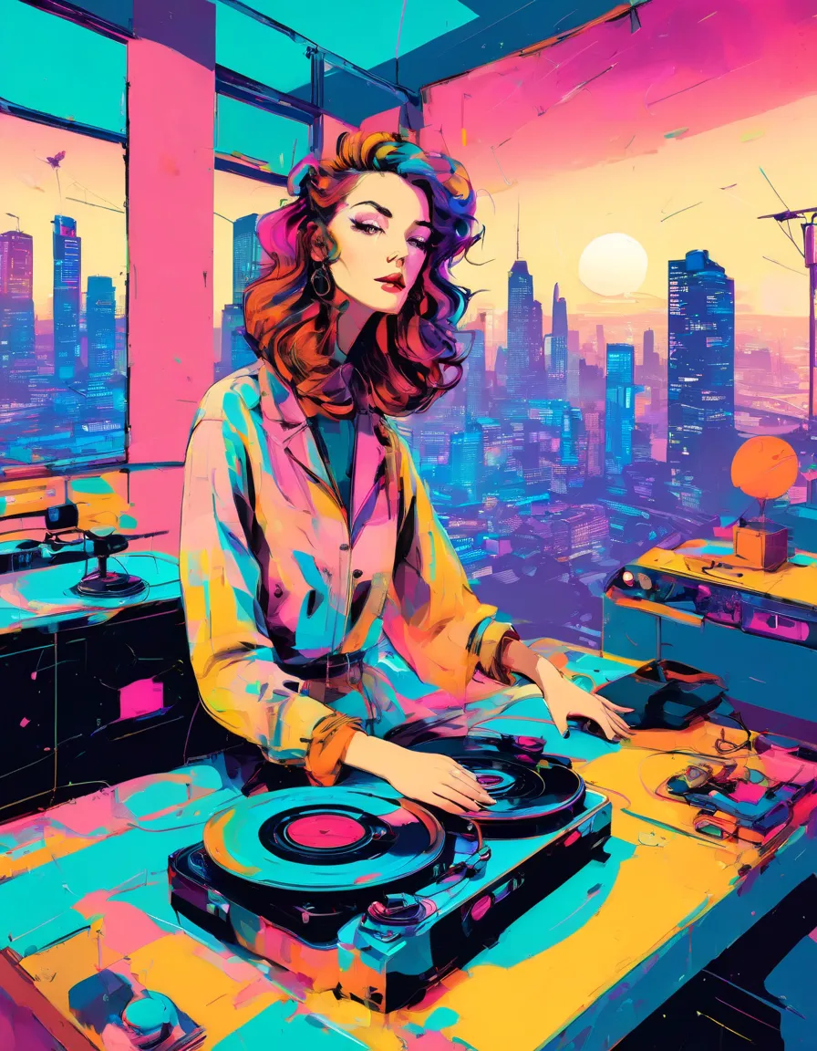 graphic design, avant-garde pop art. stylish retro illustration of a record player in a room with a city view, emotional illustr...