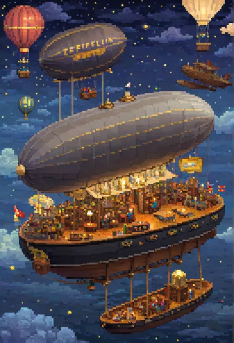 pixel art, 1 zeppelin fantasy, night, clouds, stars, (sky), 1 oval balloon, top down view