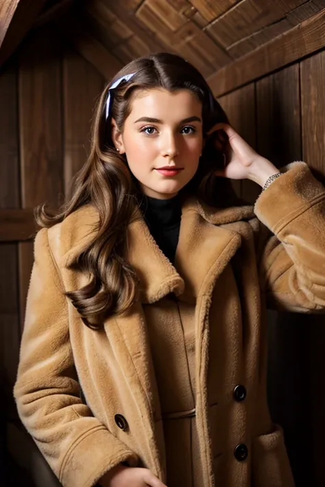 Medium view, of 24 year old, face portrait, jewish features, long hair, brown hair, 1940s hair style, 1940s dress, furry coat, in cozy run-down attic.