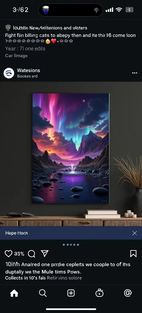 foreground with water and stone two mountains on right and left with a star sky and waterfall there will be neon color and aurora effects on sky and rocks will have purple neon highlights water will reflect those colors 