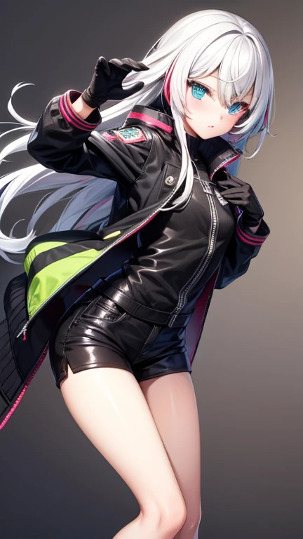 1girl, long multicolored hair, heterochromia eyes, jacket, gloves, short pants